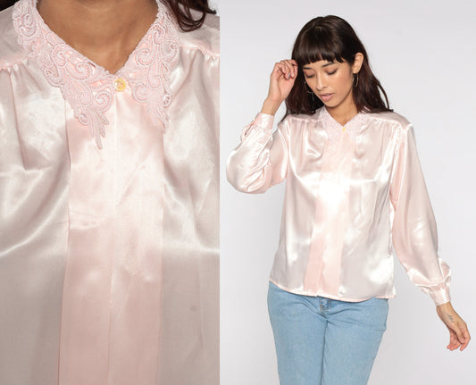 80s Baby Pink Satin Blouse Lace Collar Button Up Long Sleeve Medium