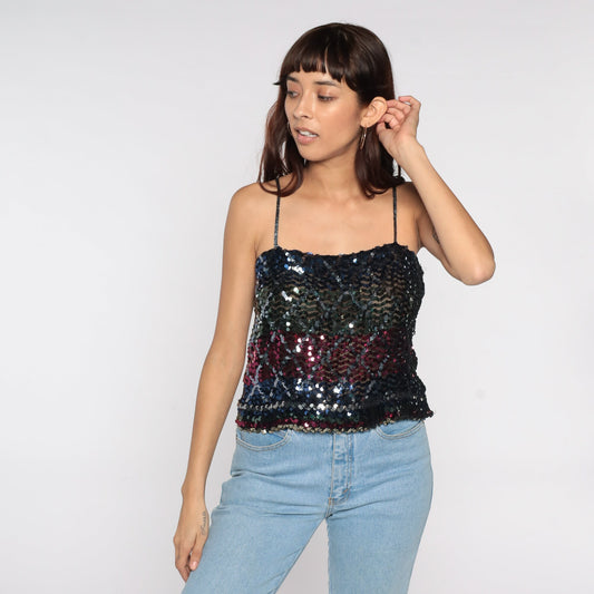 80s Black Sequin Tank Top Striped Diamond Pattern Crop Spaghetti Strap Medium