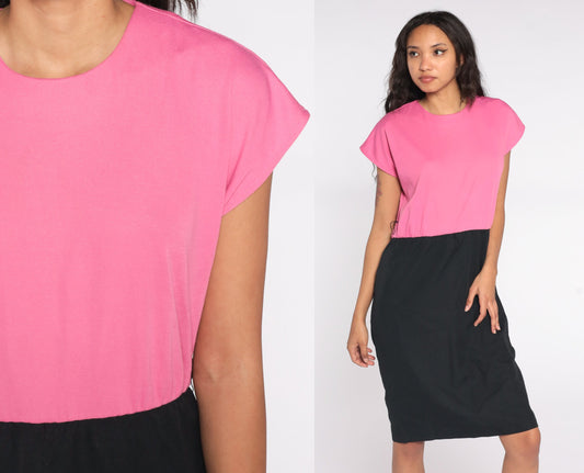 80s Black Pink Color Block Midi Sheath Dress Cap Sleeve Medium