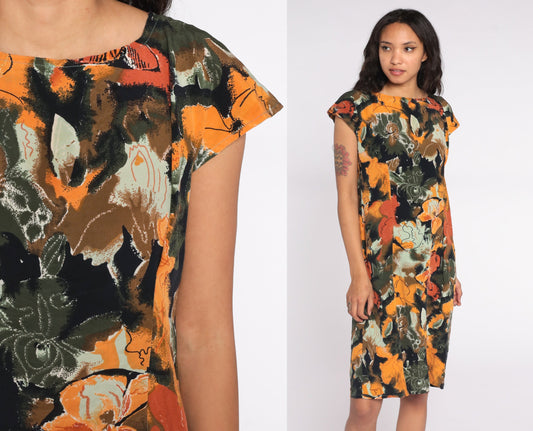 90s Floral Midi Dress Rayon Short Sleeve Sheath Green Yellow Medium Large