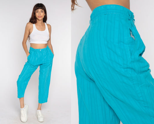 90s Turquoise High-Waisted Pleated Tapered Trousers Medium 29