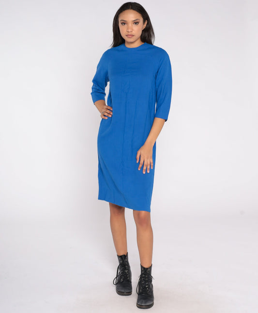 70s Blue Shift Dress Midi Length Raglan Sleeve Medium