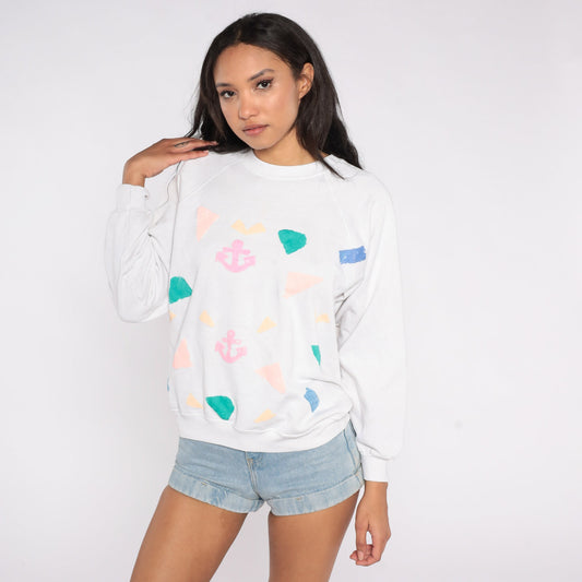 80s Hand Painted Anchor Raglan Sweatshirt White Nautical Graphic Large