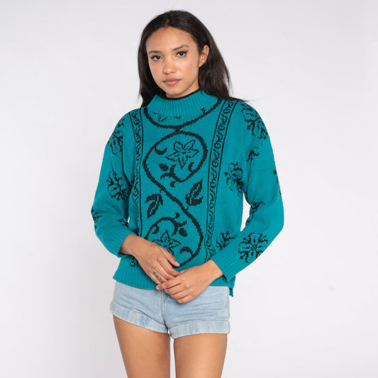 80s Teal Black Floral Knit Sweater Mock Neck Jacquard Pullover Large L