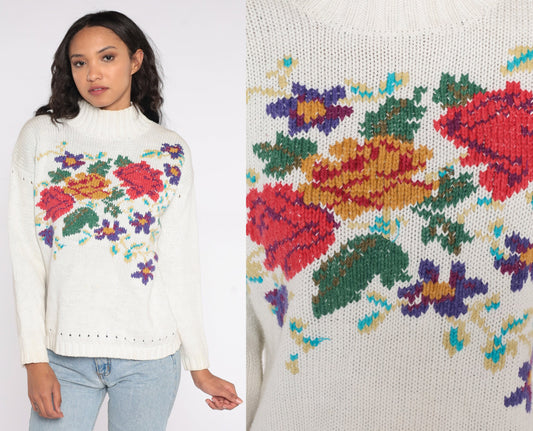 90s White Floral Mock Neck Sweater Cotton Ramie Knit Pullover Medium