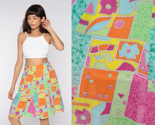 80s Floral Patchwork Mini Skirt High Waist Geometric Orange Green Medium