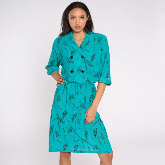 80s Abstract Print Shirt Dress Midi Double Breasted High Waist Teal Medium M
