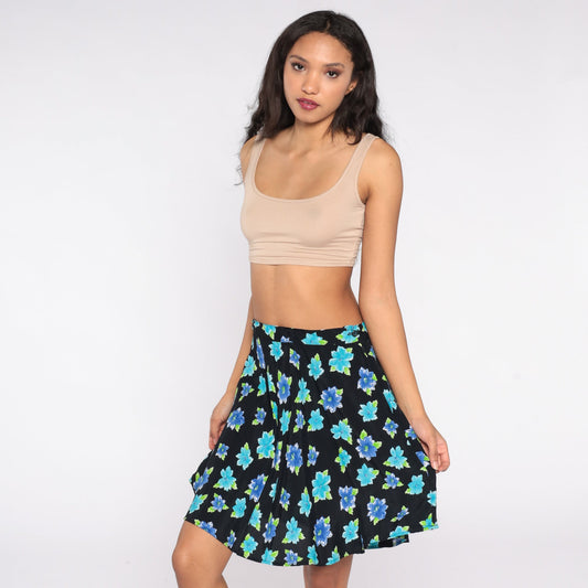 90s Floral Mini Skirt Black Blue Flower Print Rayon Medium