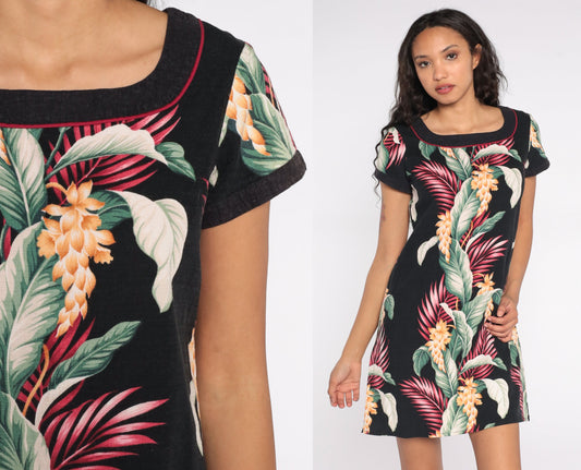 80s Hawaiian Floral Mini Dress Black Shift Button-Up Short Sleeve Small