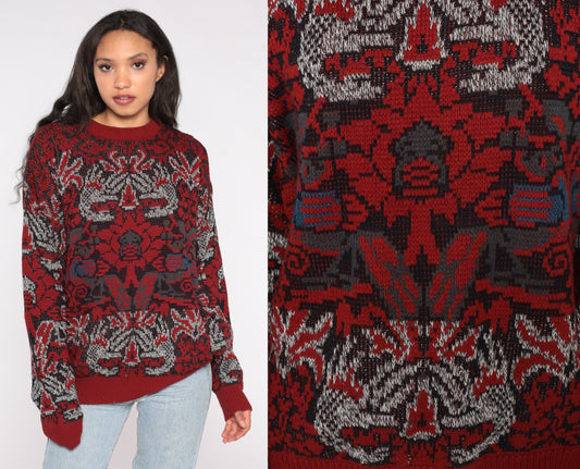 90s Geometric Jacquard Sweater Red Blue Abstract Knit Crewneck Extra Large