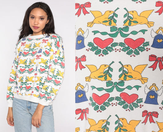 90s Christmas Angel Dove Heart Print Sweatshirt Graphic Pullover Large L