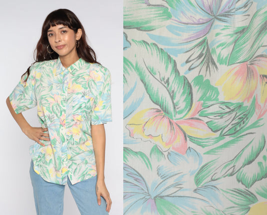 80s Tropical Floral Button-Up Shirt Green Pink Short Sleeve Medium