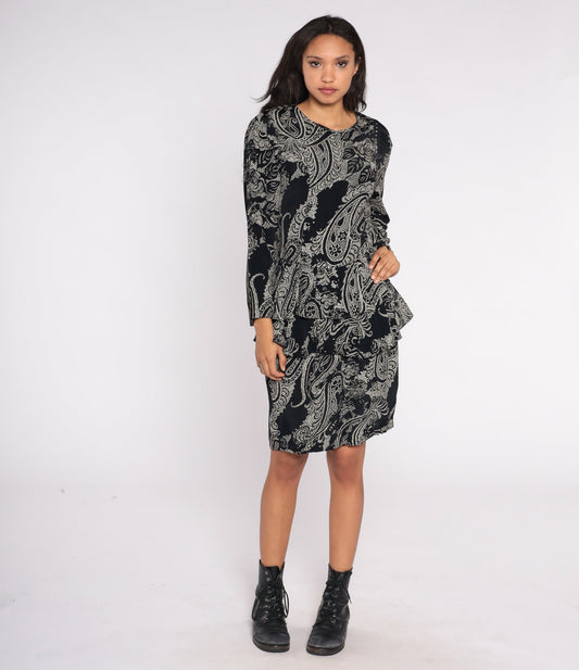 80s Black White Floral Paisley Peplum Dress Long Sleeve Knee Length Medium M