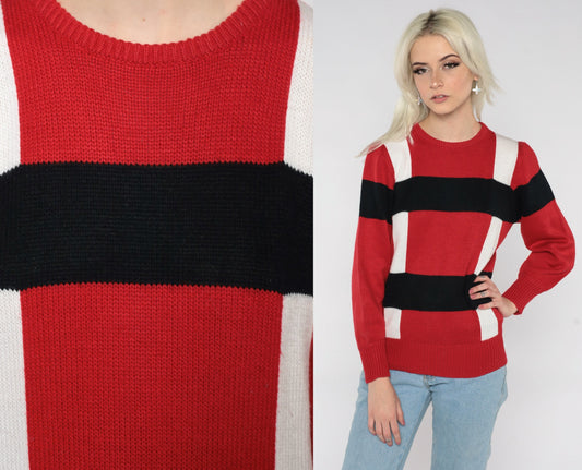 80s Red White Black Striped Knit Sweater Crewneck Pullover Small S
