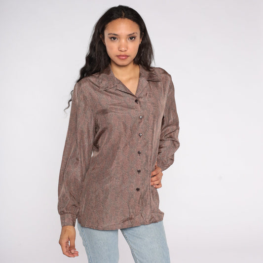 80s Brown Silk Button-Up Blouse Long Sleeve Speckled Medium