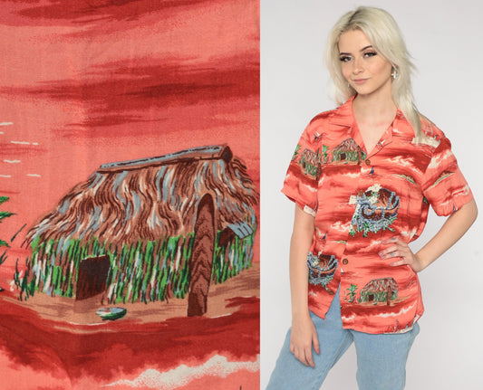 90s Ocean Pacific Hawaiian Shirt Red Tropical Print Button Up Medium