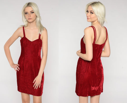 80s Red Velvet Mini Dress Sweetheart Neckline Strappy Small