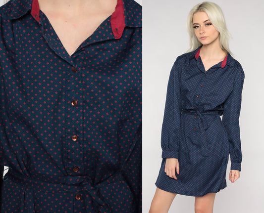 80s Navy Polka Dot Button-Up Mini Dress High Waist Tie Belt Long Sleeve Large L