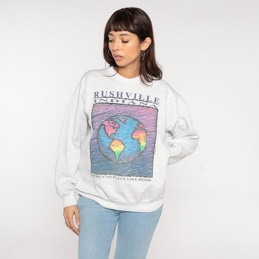 90s Rushville Indiana Sweatshirt Grey Graphic Crewneck There's No Place Like Home Medium M