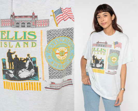 90s Ellis Island New York Graphic T-Shirt Light Heather Grey Extra Large XL