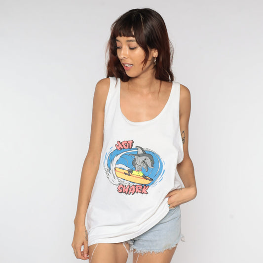 90s Hot Shark Surfing Graphic Tank Top White Extra Large XXL