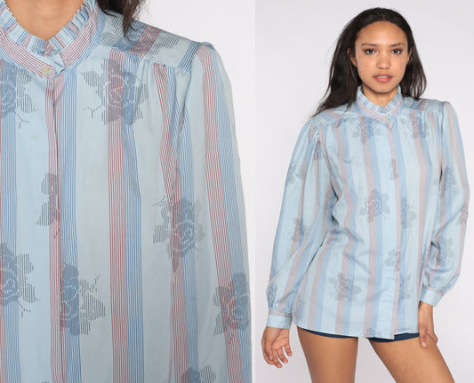 80s Blue Striped Floral Ruffle Neck Blouse Puff Sleeve Button Top Extra Large XL