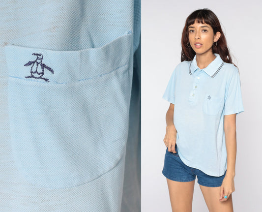 80s Munsingwear Polo Shirt Baby Blue Half-Button Cotton Medium