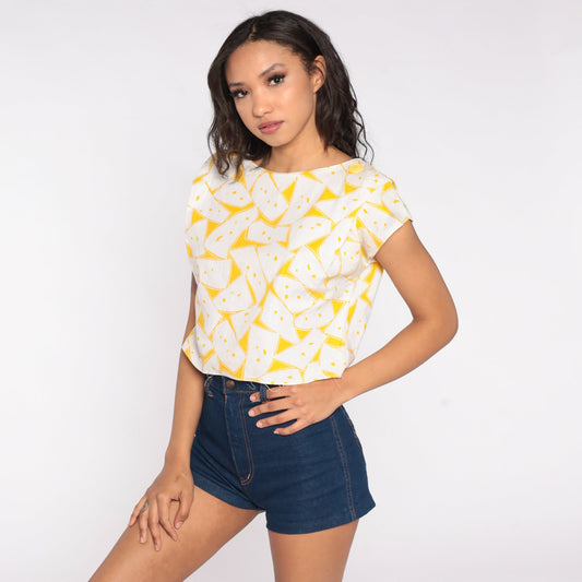 80s Geometric Crop Top White Yellow Abstract Print Cap Sleeve Small