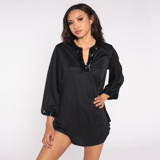 70s Black Sequin Blouse V-Neck Slit Long Sleeve Disco Party Top Medium Large