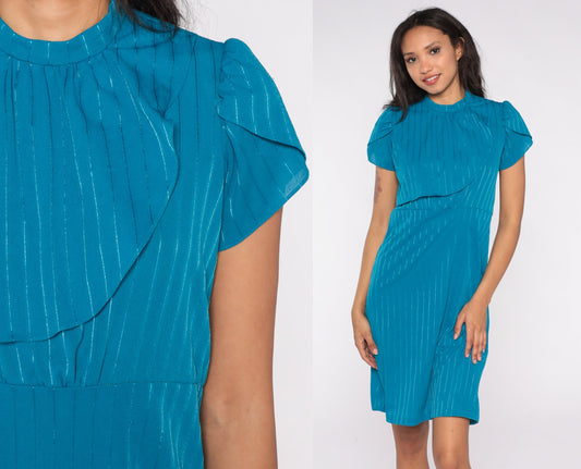 80s Blue Striped Puff Sleeve Dress Knee Length High Waist Small