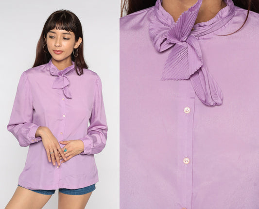 80s Purple Necktie Blouse Puff Sleeve Button Up Ruffle Collar Medium