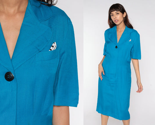 80s Liz Claiborne Blue Linen Midi Dress High Waist Notched Collar Medium