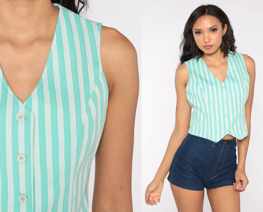 70s Green Striped Vest Button-Up Tank Small