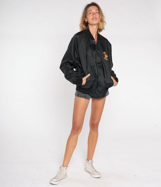 80s Rio Hondo College Speech Team Bomber Jacket Black Nylon Extra Large XL