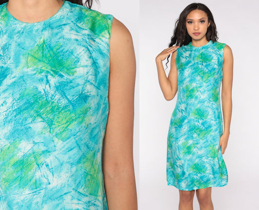 1960s Watercolor Mod Sheath Dress Sleeveless Knee-Length Blue Green Small