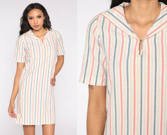70s Striped Sailor Collar Mini Dress Short Sleeve Shift Nautical Extra Small XS