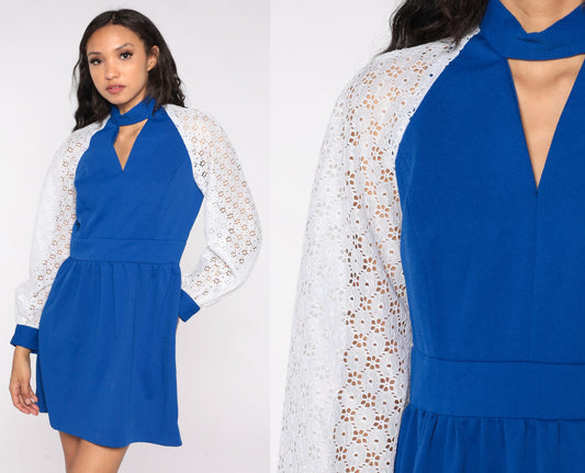 70s Blue Mini Dress Choker Collar Puff Sleeve High Waist Lace Floral Small