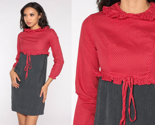 60s Red Polka Dot Mini Dress Peter Pan Collar Empire Waist Long Sleeve Extra Small XS