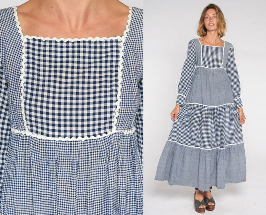 70s Sue Brett Blue Gingham Maxi Dress Empire Waist Puff Sleeve Small