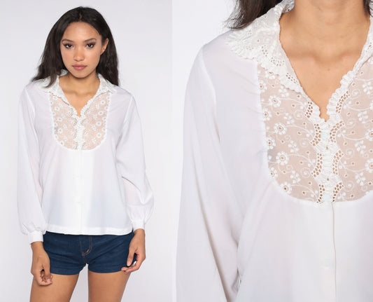 70s White Lace Blouse Victorian Button-Up Sheer Long Sleeve Small Medium
