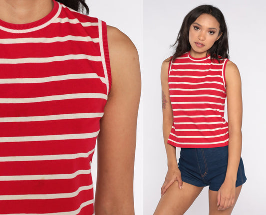 70s Red & White Striped Tank Top Knit Sleeveless Shirt Small S