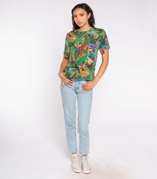 90s Tropical Floral Jungle Print Short Sleeve Shirt Green Small