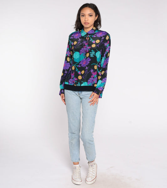 90s Floral Blouse Long Sleeve Collared Shirt Purple Print Banded Hem Large L