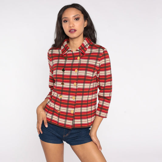 60s Plaid Wool Jacket Cropped Double Breasted Orange Red Mod Small