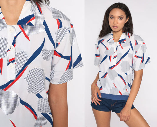 80s Abstract Floral Polo Shirt White Blue Button Up Short Sleeve Small