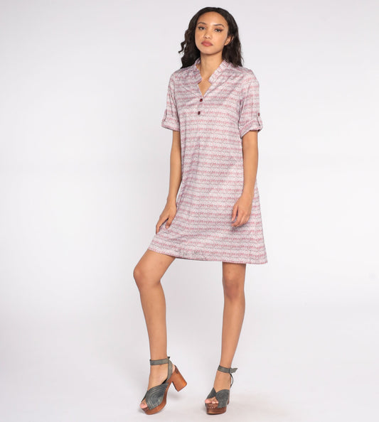 90s Striped Shirt Dress Pink Floral Button-Up Collar Mini Large L