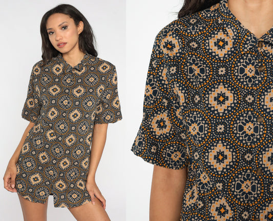 90s Geometric Floral Button Up Blouse Blue Orange Short Sleeve Extra Large XL