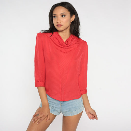 80s Red Cowl Neck Blouse Puff Sleeve Semi Sheer Party Top Medium
