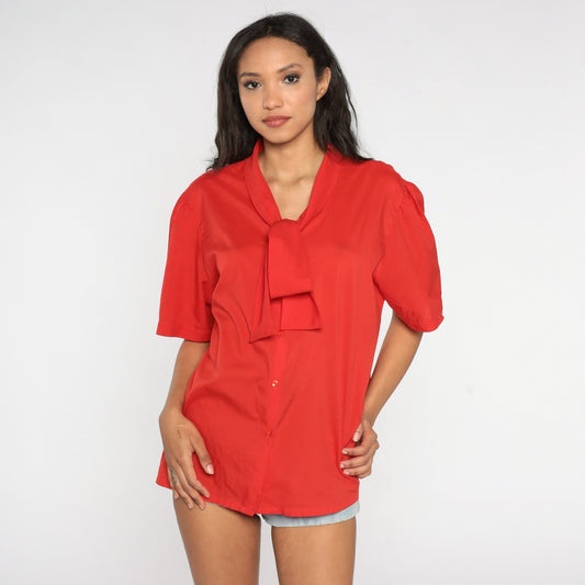 80s Red Ascot Bow Blouse Button-Up Secretary Shirt Puff Sleeve Extra Extra Large XXL