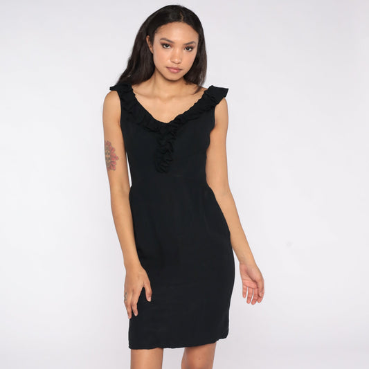 1960s Black Sheath Dress Ruffled Neckline High Waist Pencil Skirt Small